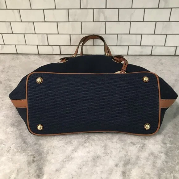 Michael Kors Tote Bag Womens Large Blue Canvas Leather Shoulder Purse MK Charm - Picture 11 of 14